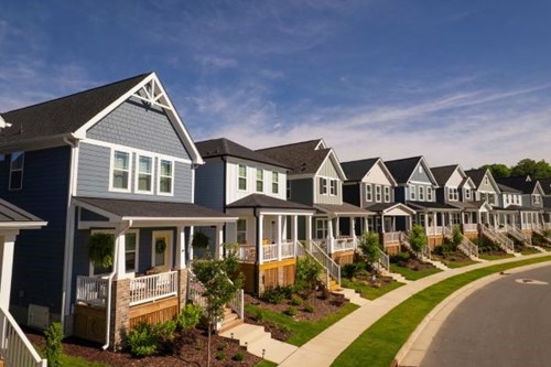 Exterior of a row of Garman Homes in Wendell Falls