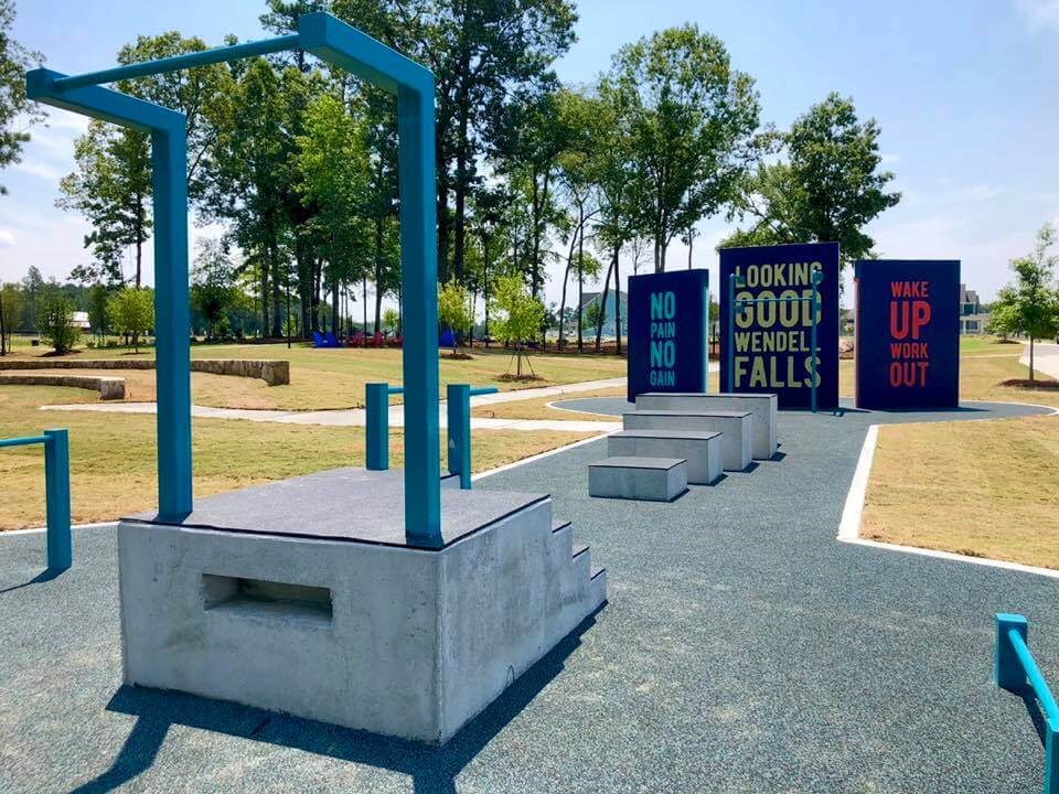 Fitness stations at park in Wendell Falls