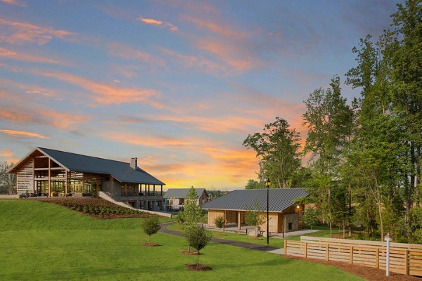 Farmhouse and Lake Pavilion at Dusk