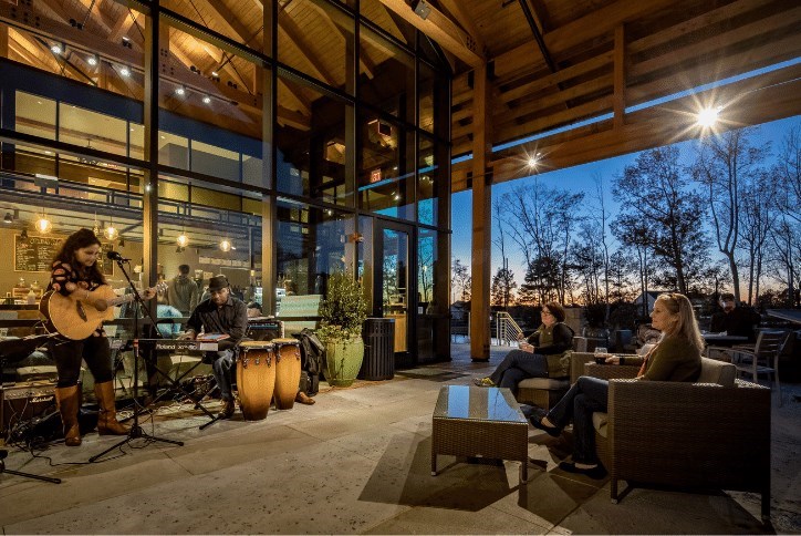 Inside the Farmhouse cafe at night.