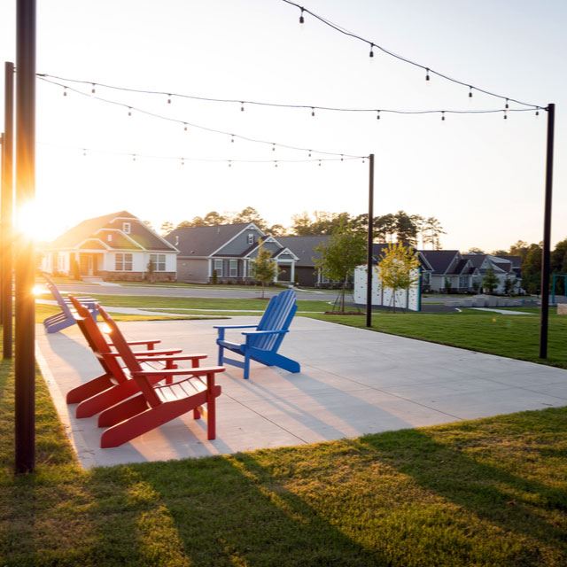 Deck chairs and outdoor lighting, park in Wendell Falls
