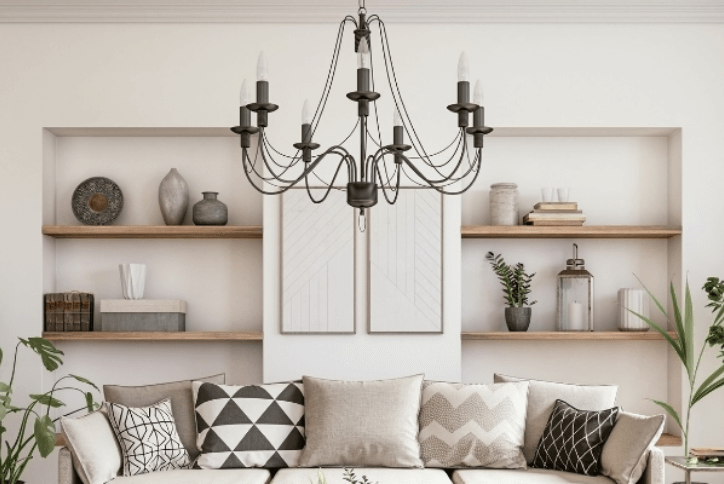 Styled bookshelves and chandelier