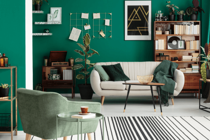 living room with dark green painted walls