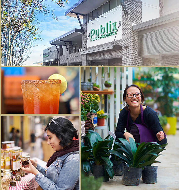 Collage of images from Treelight Square in Wendell Falls