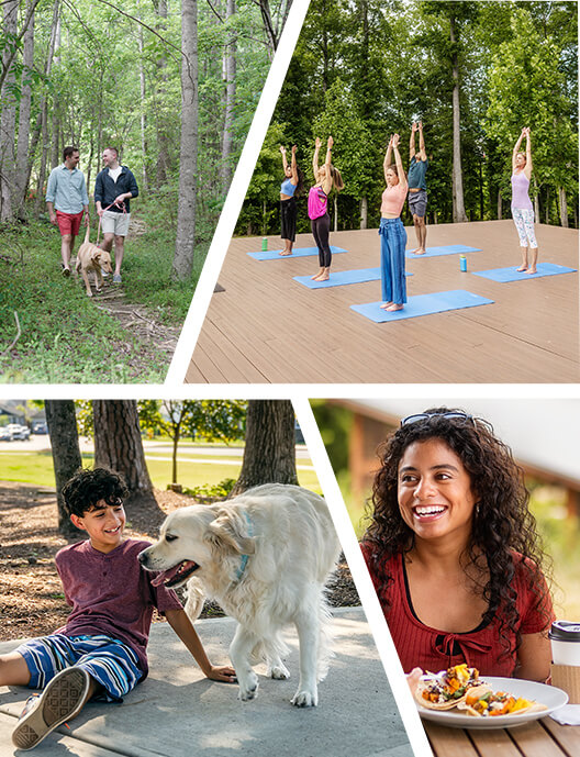 Collage of images from Wendell Falls, trails, yoga, dining