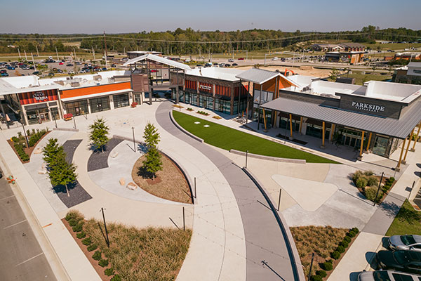 Aerial view of Treelight Square commercial area of Wendell Falls community in Wendell, NC